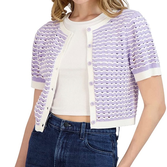 BCBGeneration purple and white button up knit crop short sleeve sweater XS - Picture 2 of 7